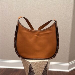 Brown Vegan Leather Shoulder Bag with Crescent Shape